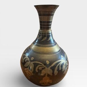 Vintage Etched Brass Vase – Handmade in India – Floral Design